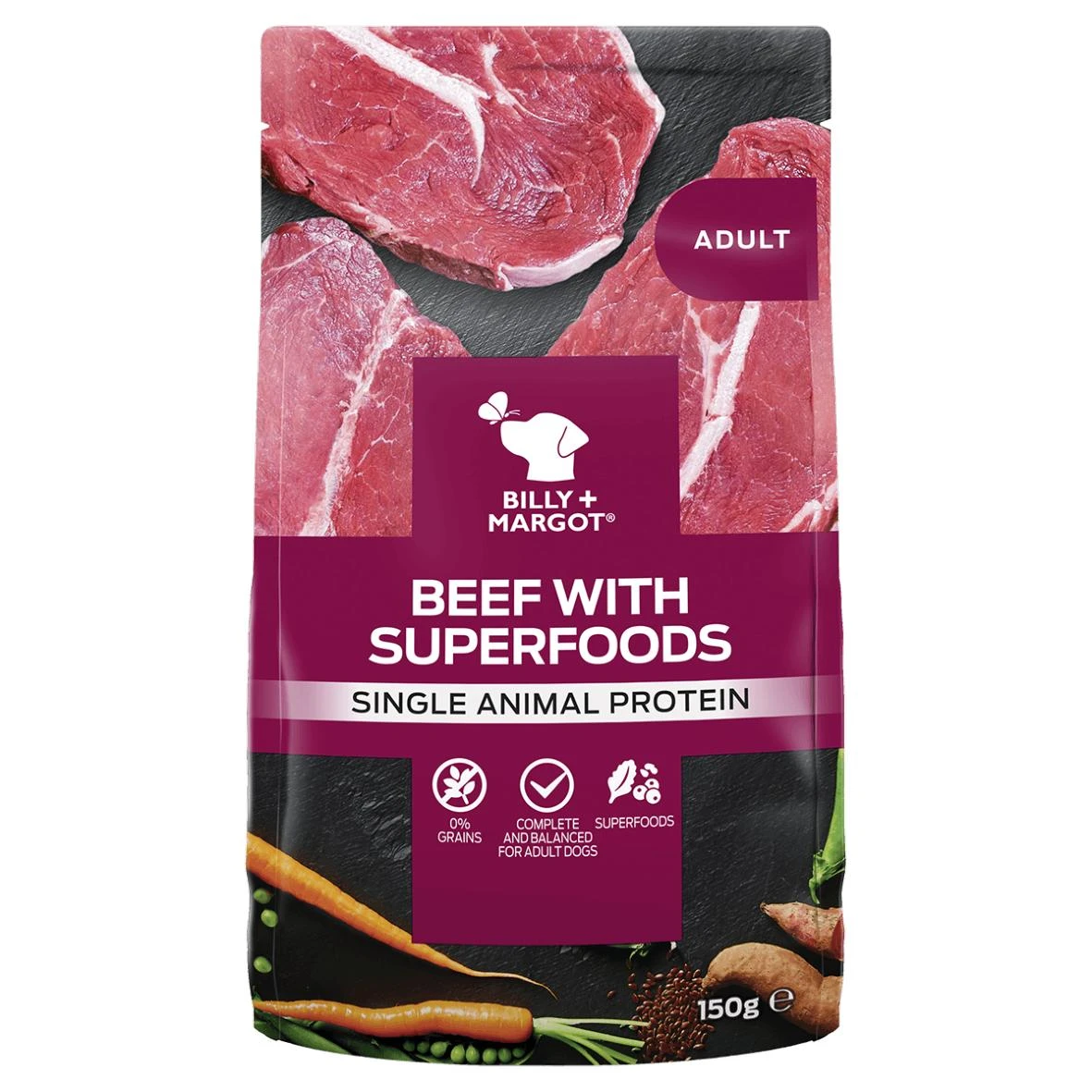 Billy + Margot Adult Beef & Superfoods Wet Dog Food Pouches - 12 X 150g By Billy + Margot 1 Billy + Margot Adult Beef & Superfoods Wet Dog Food Pouches - 12 X 150g By Billy + Margot